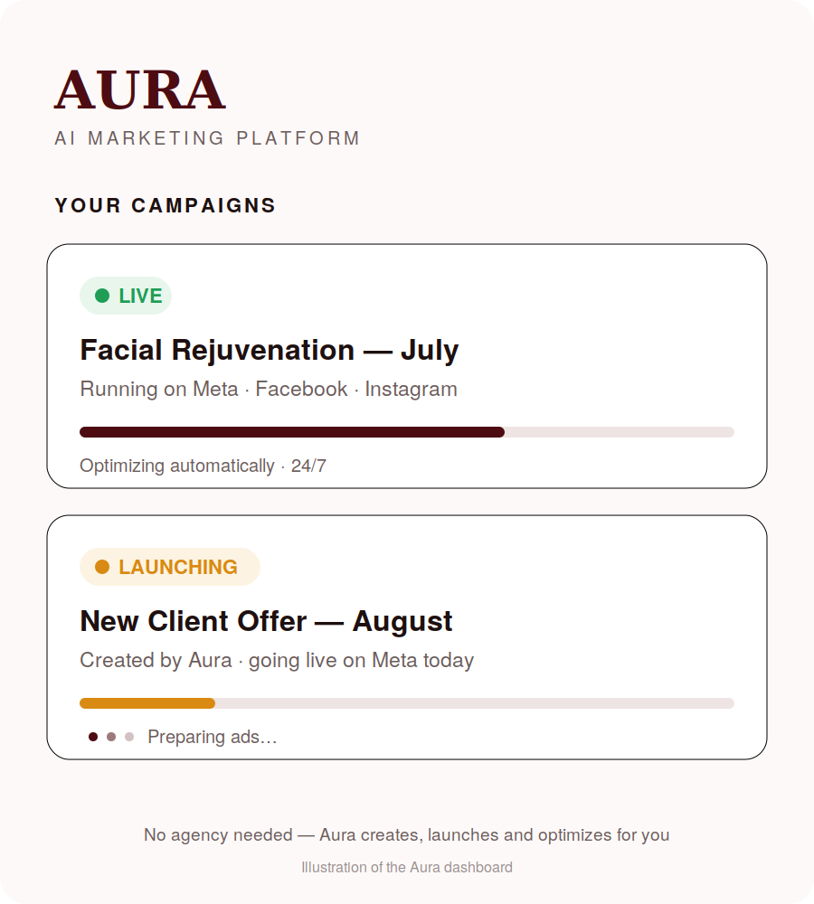 The Aura dashboard — one campaign live on Meta, one launching